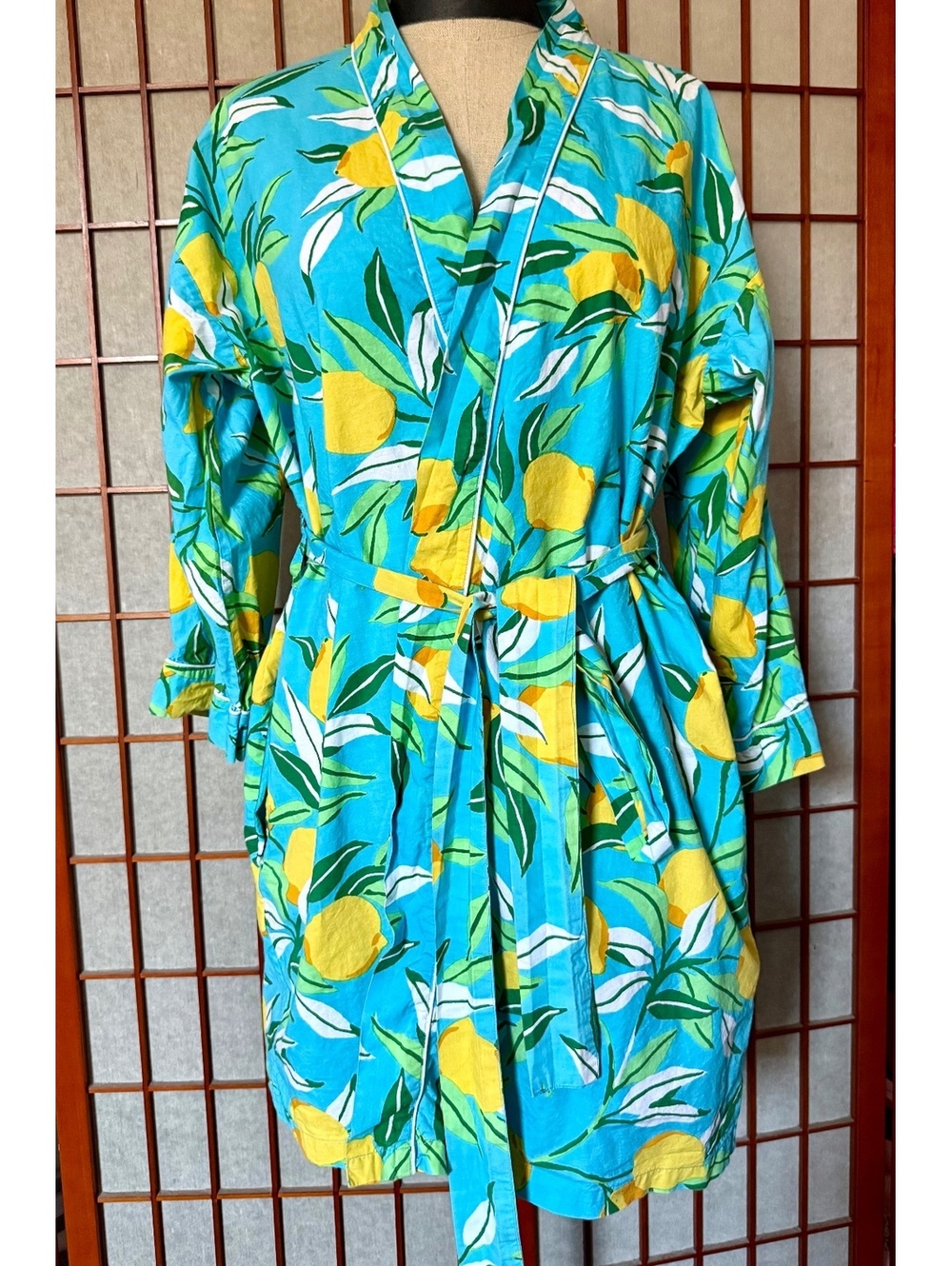 Printfresh Lemon Print Cotton Robe S/M Blue Citrus Botanical Belted